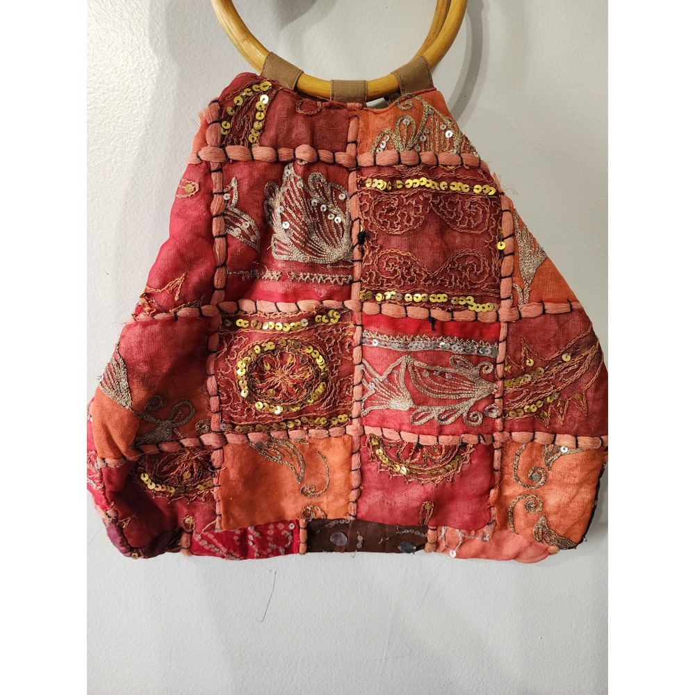 Bohemian Patchwork Embroidered Handbag with Wooden Ring Handles Red Orange